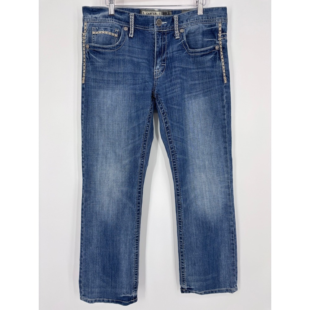 BKE Carter Straight Leg Jeans Women 32R Blue Faded Stretch Denim Relaxed Pockets